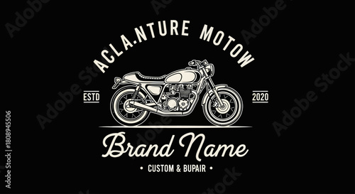 A vintage monochrome logo design for a motorcycle shop, featuring a detailed illustration of a classic cafe racer bike.