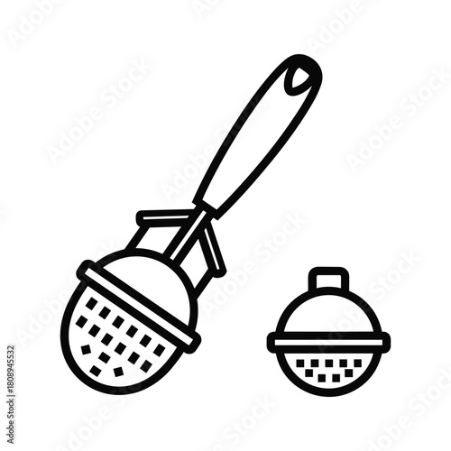 Outline icon of a potato masher and a small sifter, common kitchen tools for food preparation