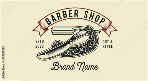 Vintage barber shop logo design featuring a straight razor, banner, and text elements.