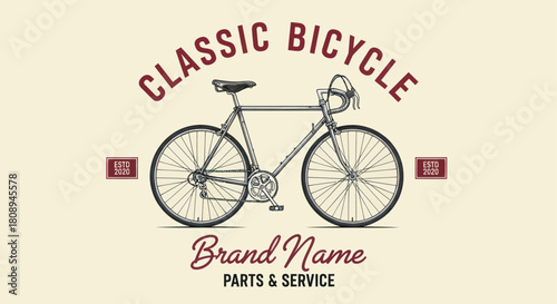 Illustration of a classic bicycle with a vintage design, featuring a frame, wheels, seat, and handlebars, accompanied by stylized text elements.