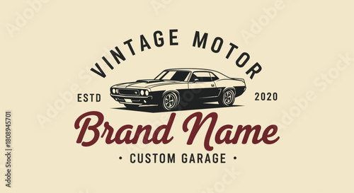 Classic American muscle car illustration within a vintage motor custom garage logo emblem.