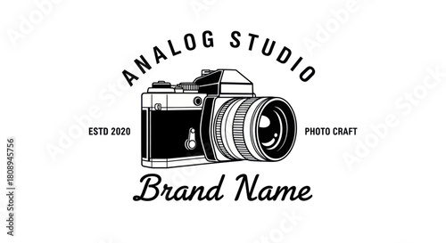 Monochrome vintage camera illustration with "Analog Studio" text, "Photo Craft" slogan, and "Brand Name" in a classic emblem design.