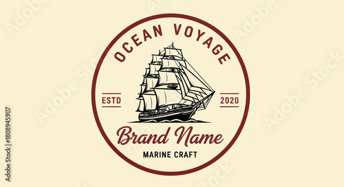 Vintage-style logo featuring a detailed sailing ship inside a circular frame with the text "Ocean Voyage" and "Brand Name".