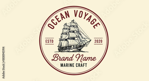 A vintage circular logo featuring a detailed sailing ship with multiple masts and sails, accompanied by "OCEAN VOYAGE" text.