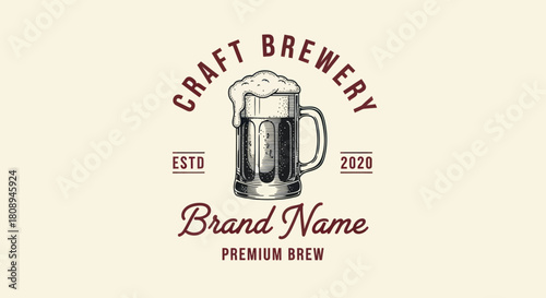 Detailed vintage illustration of a beer mug overflowing with foamy head, brewery branding.