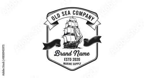 A vintage black and white logo for a marine supply company, featuring a detailed tall sailing ship within a shield emblem and banners.
