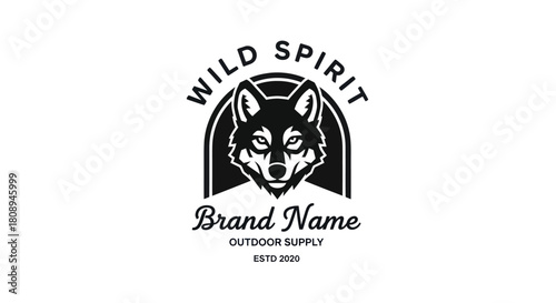 A bold, black and white logo of a wolf's head framed in an arch, with 'Wild Spirit' text for an outdoor brand.