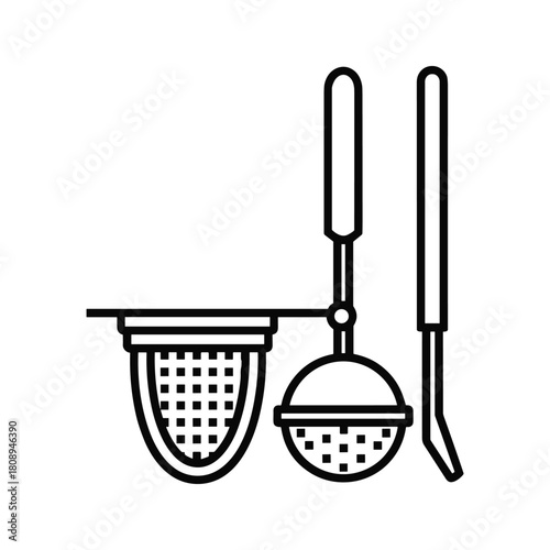 Line art illustration of kitchen tools including a large strainer, a tea infuser, and a stirring stick