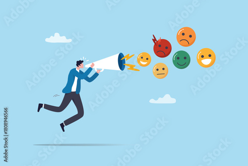 Satisfaction feedback rating evaluation, customer satisfaction or client feedback review, positive assessment, smile face score concept, man shouting on megaphone with emotion satisfaction opinion.