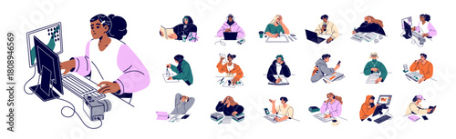 Set of people learning at the desk. Teen boys and girls are reading books, writing and drawing at the table. Students study, work remote. Flat isolated vector illustrations on white background