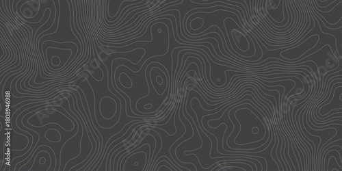 Minimalist dark topographic pattern with smooth contour lines forming abstract elevation waves. Modern seamless background ideal for maps, geology themes, tech design, and stylish digital textures.