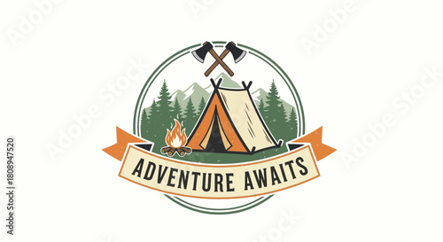 Classic Outdoor Adventure Badge with Camping Tent, Campfire, Mountains, and Trees for Wilderness Exploration