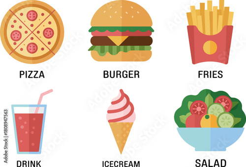 A colorful collection of popular fast food items and a drink.