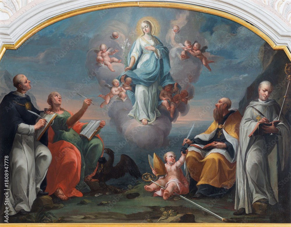 Obraz premium SALZBURG, AUSTRIA - SEPTEMBER 6, 2025: The painting of Immaculate Conception among the Saints in the church Pfarrkirche Mülln by unknown baroque artist from (cca 1600).