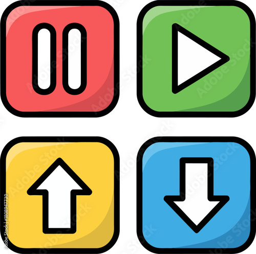 User interface icons for play, pause, and navigation functions.