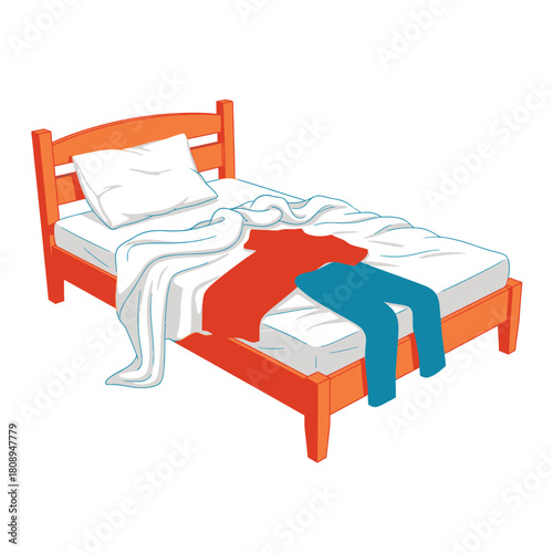 Unmade bed with clothes on it