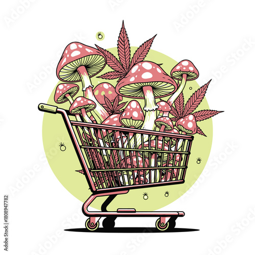 Shopping cart filled with mushrooms and cannabis leaves