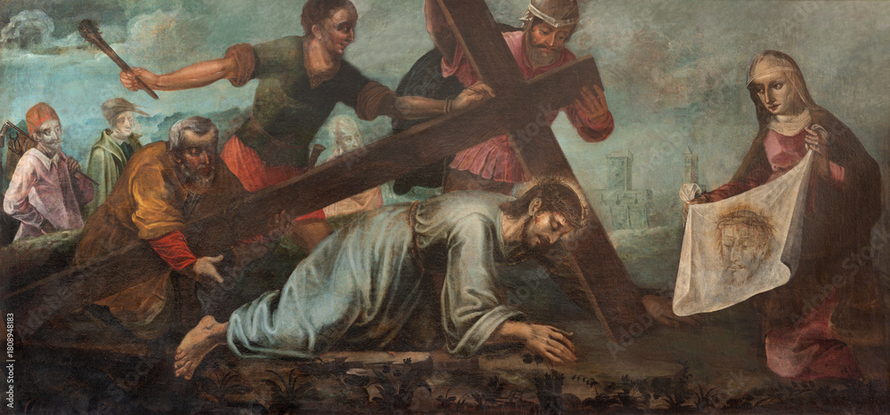 Fototapeta premium SALZBURG, AUSTRIA - SEPTEMBER 6, 2025: The painting of Fall of Jesus under the cross in the church Pfarrkirche Mülln by unknown baroque artist from (cca 1600). 