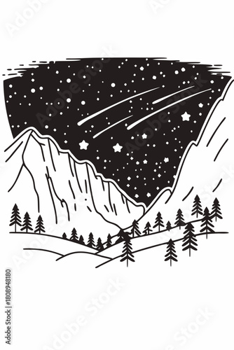 Minimilist illustration of a mountain range with pine trees and a starry night sky with shooting stars above it all vector