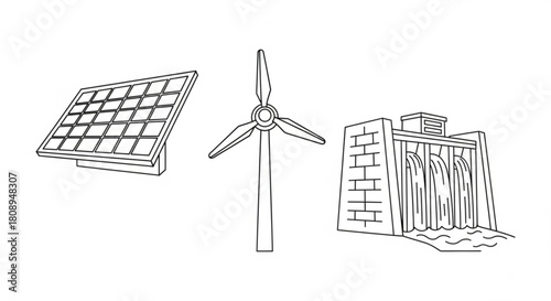 Renewable energy sources: solar panel, wind turbine, hydroelectric dam for clean sustainable power generation