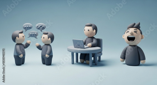 Cartoon business team collaboration meeting working on laptop laughing and communication for business strategy