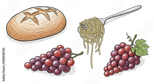 Illustration of bread loaf spaghetti on fork and grapes still life food drawing vector art