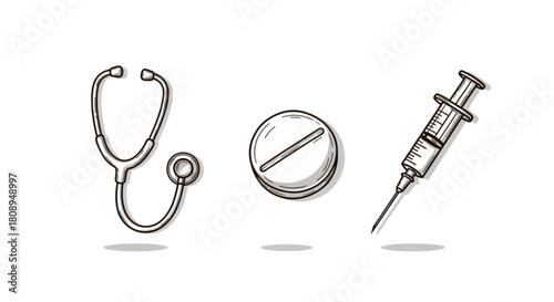 Medical equipment drawing: stethoscope, pill, syringe for healthcare and treatment concept vector art
