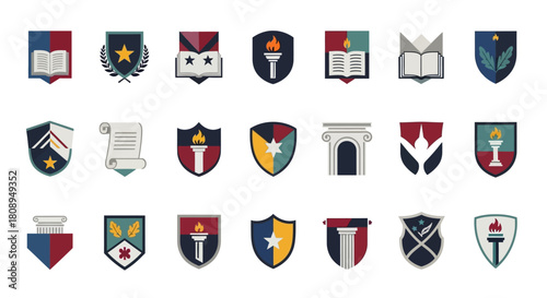A modern collection of university heraldry icons, featuring shields, torches, and books for academic branding