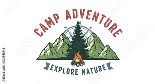 Venture into the wild with this captivating camp adventure emblem, blending majestic mountains, a pine forest, and a cozy campfire for true nature discovery