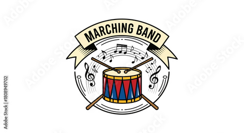 Marching Band Drum Icon with Musical Notes and Crossed Sticks