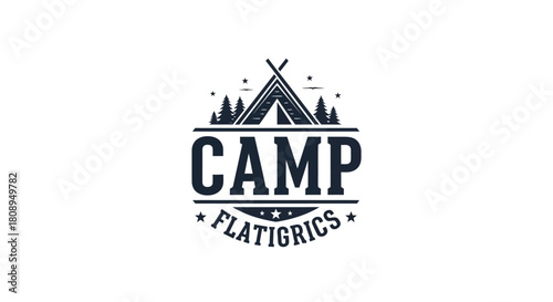 Flatigrics Camp Logo Design with Tent and Trees for Outdoor Adventures