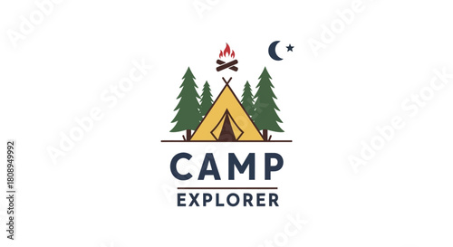Camp Explorer Logo with Trees, Campfire and Moon for Outdoor Adventure