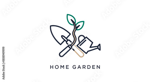 Simple line art icon representing home gardening tools and a sprouting plant.