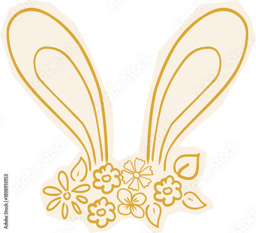 Easter Doodle Line Spring Sketch. Rabbit Ears with flowers