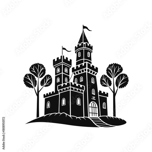 Black and white illustration of a majestic castle with trees