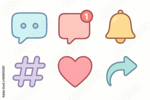Icônes pastel de notifications et réseaux sociaux : message, alerte, hashtag, cœur, partage