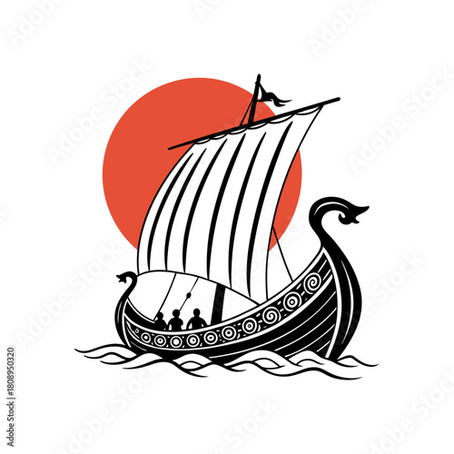 Viking longship sailing under a red sun
