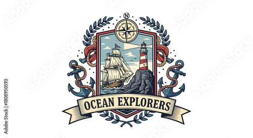 Nautical Adventure Emblem Featuring a Majestic Sailing Ship and a Lighthouse, Symbolizing Ocean Exploration