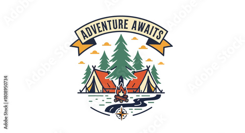 Camping Adventure Tents, Trees, and Compass Vector Graphic