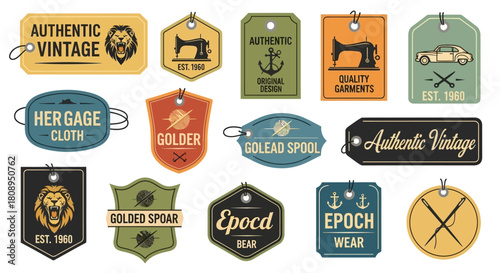 Variety of vintage-style vector labels, badges, and authentic clothing tags for fashion, craft, and quality product branding projects