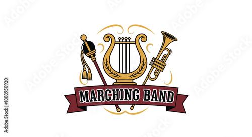 Marching Band Logo Featuring Musical Instruments Lyre, Trumpet and Baton