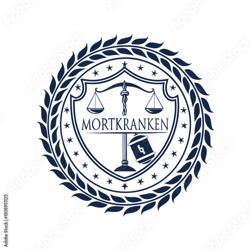 Law firm emblem with scales of justice and gavel