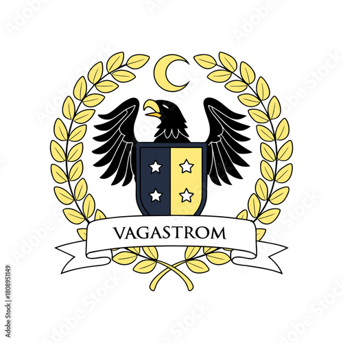 Heraldic crest featuring an eagle shield moon and laurel wreath