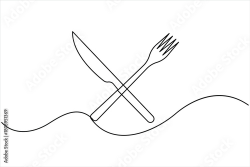 One continuous line art drawing of food tools. Fork and knife for decoration restaurant menu linear design vector illustration