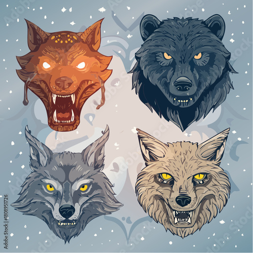 Mystical vector collection of fierce forest animal heads featuring a wolf, bear, and fox with glowing eyes and snarling expressions