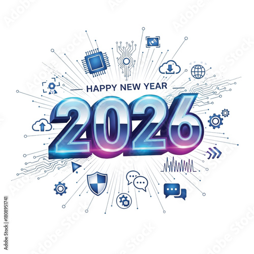 Celebrate a futuristic Happy New Year 2026 with a modern tech design perfect for greetings, invitations, and digital marketing promotions worldwide