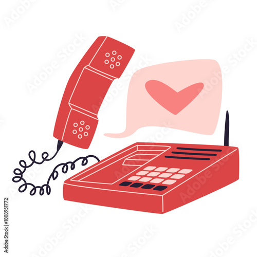 Red retro landline phone with heart speech bubble, isolated on white background vector illustration