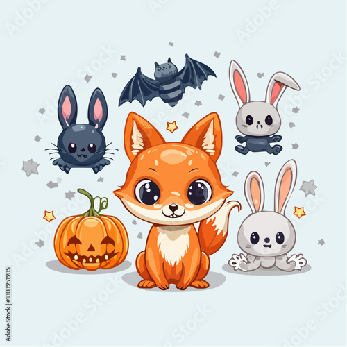 Adorable Halloween Animal Friends Vector Set Cute Cartoon Fox, Bat, and Bunnies with a Spooky Pumpkin Illustration for Festive Designs