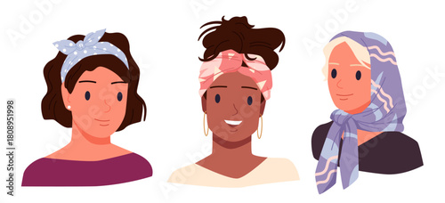 Three women with different hairstyles and colorful scarves on heads, showing cultural diversity, fashion, and individuality in a modern flat style isolated vector illustration