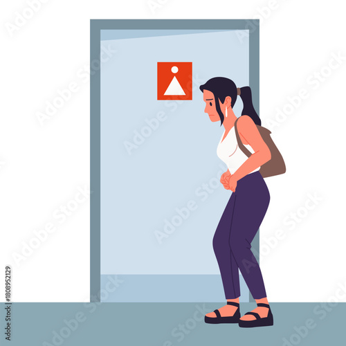 Young woman with stomach pain urgently waiting outside isolated restroom door vector illustration